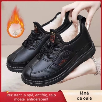 Pantofi de iarnă impermeabili din bumbac cu căptușeală fleece pentru femei – stil casual, vârf ascuțit, talpă din cauciuc, PU partea superioară, PU căptușeală