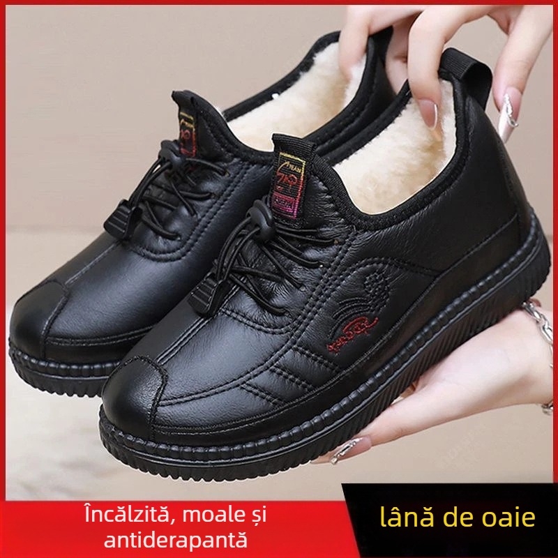 Pantofi de iarnă impermeabili din bumbac cu căptușeală fleece pentru femei – stil casual, vârf ascuțit, talpă din cauciuc, PU partea superioară, PU căptușeală