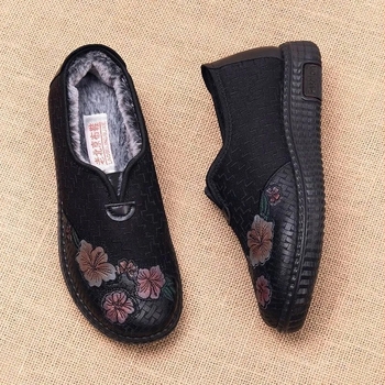 Pantofi din bumbac pentru femei, iarnă, talpă din cauciuc, partea superioară din bumbac, toc mic 1–3 cm