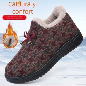 Pantofi de iarnă din bumbac pentru femei, căptuți cu pluș artificial, botine calde, talpă din cauciuc antiderapant (Sezon: iarnă; Exterior: bumbac; Interior: pluș artificial; Talpă: cauciuc; Înălțime: jos)