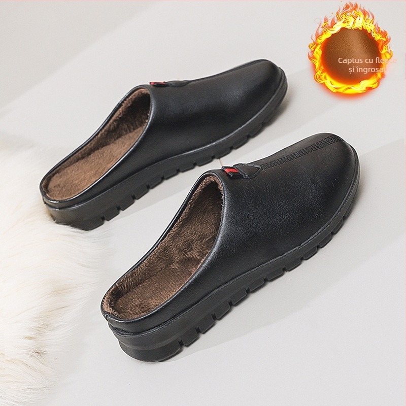 Pantofi-slips femei mule cu căptușeală din blană artificială, partea superioară din microfibră, talpă PU, ușoare și confortabile