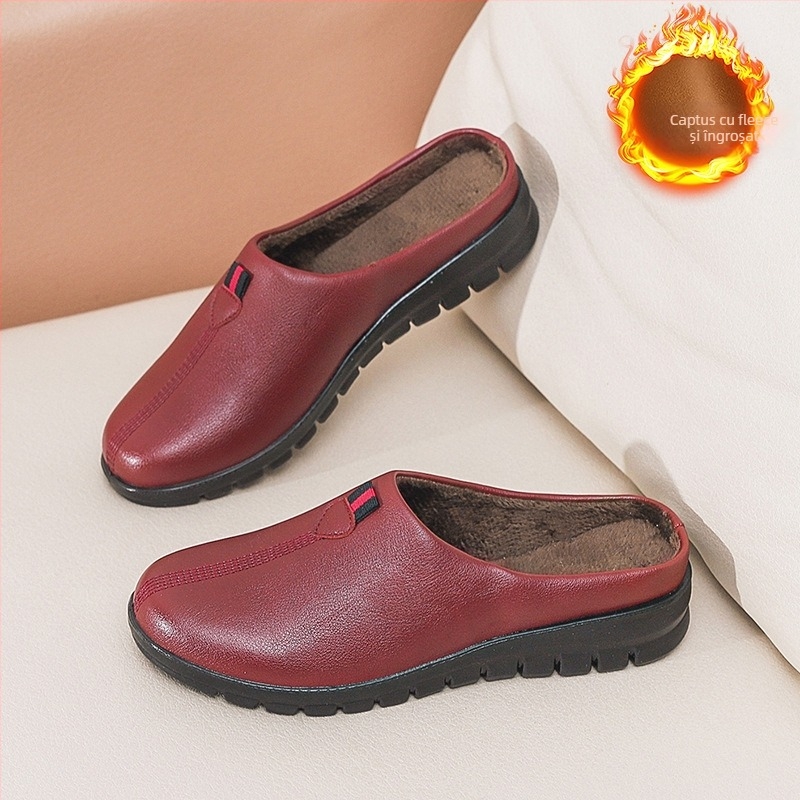 Pantofi-slips femei mule cu căptușeală din blană artificială, partea superioară din microfibră, talpă PU, ușoare și confortabile