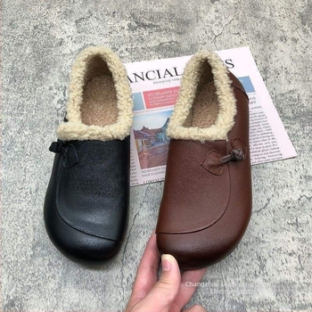 Pantofi femei din piele microfibră, Slip-On, talpă plată, căptușeală din fleece, vârf în formă de pește, gât mediu, talpă TPR