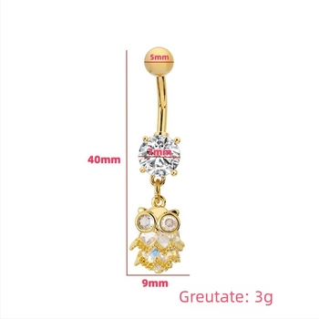 Inel pentru buric unisex cu motiv bufniță – din cupru, placat electrochimic, bijuterie pentru buric, ornament pentru abdomen