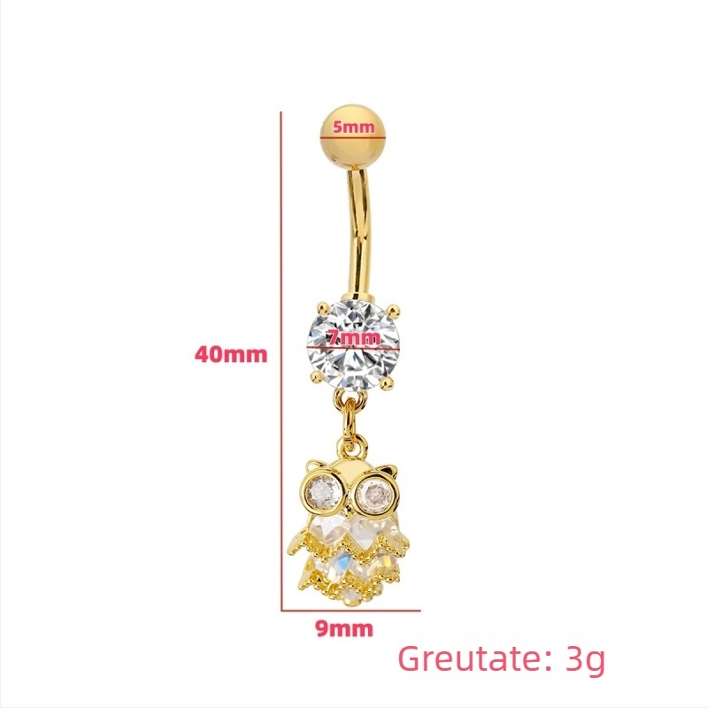 Inel pentru buric unisex cu motiv bufniță – din cupru, placat electrochimic, bijuterie pentru buric, ornament pentru abdomen