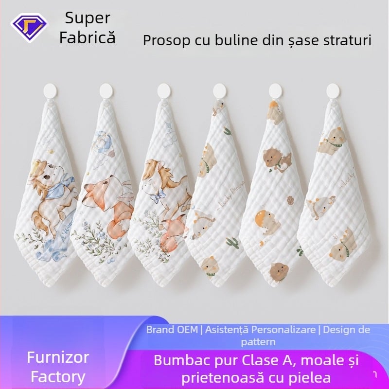 Prosop de față pătrat din tifon pentru bebeluși, 6 straturi, 100% bumbac, absorbție 5–10 s, antibacterian 10a, personalizare disponibilă