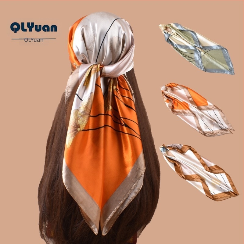 Șal pătrat de satin cu imprimeu de frunză de ginkgo, vară, pentru femei, imprimare