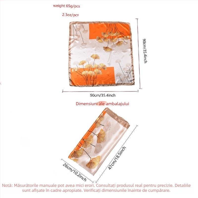 Șal pătrat de satin cu imprimeu de frunză de ginkgo, vară, pentru femei, imprimare