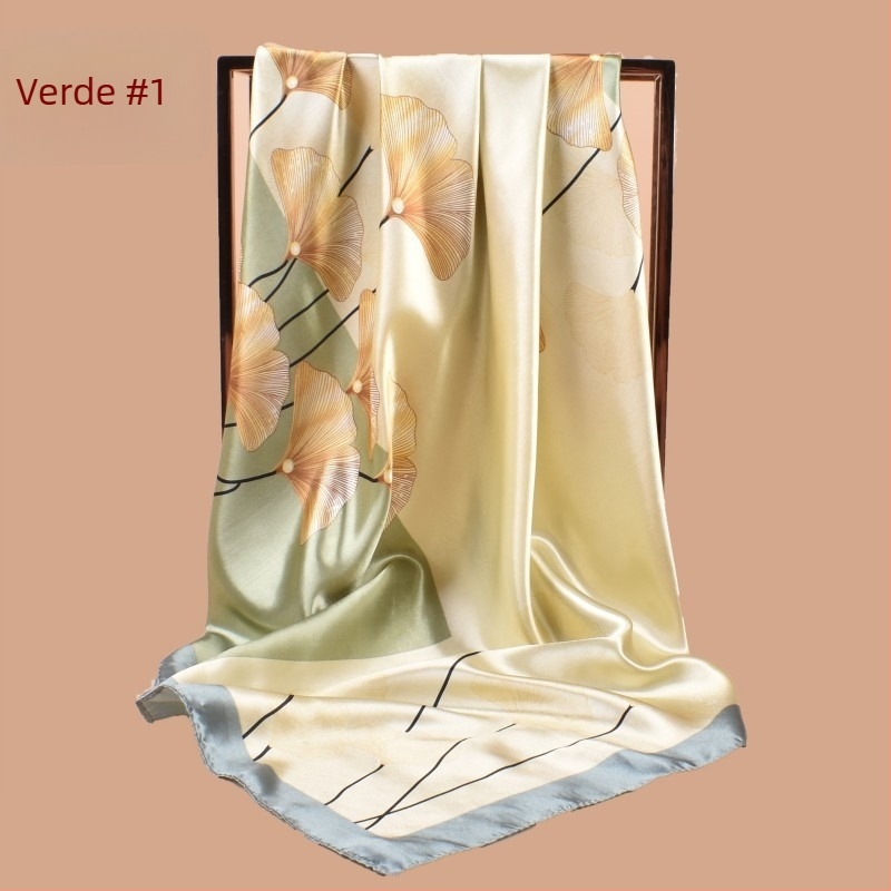 Șal pătrat de satin cu imprimeu de frunză de ginkgo, vară, pentru femei, imprimare