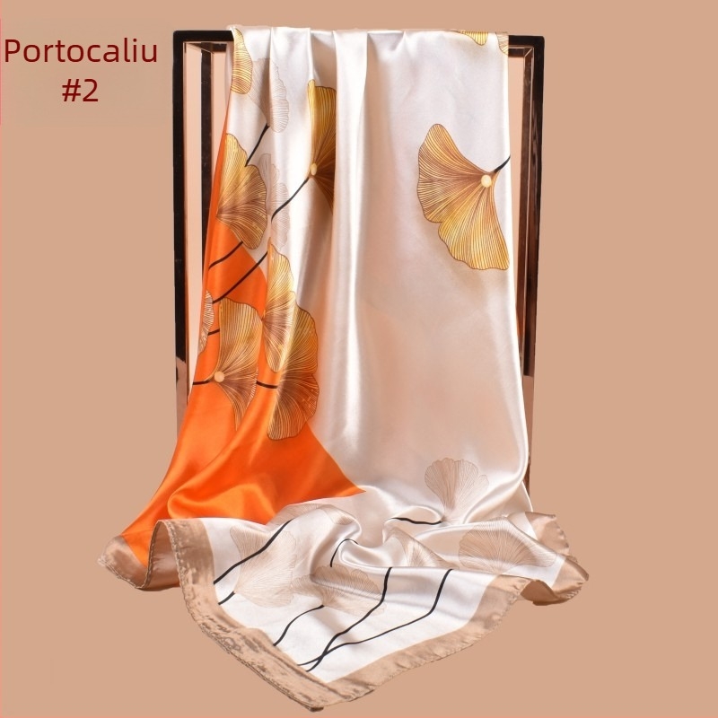 Șal pătrat de satin cu imprimeu de frunză de ginkgo, vară, pentru femei, imprimare