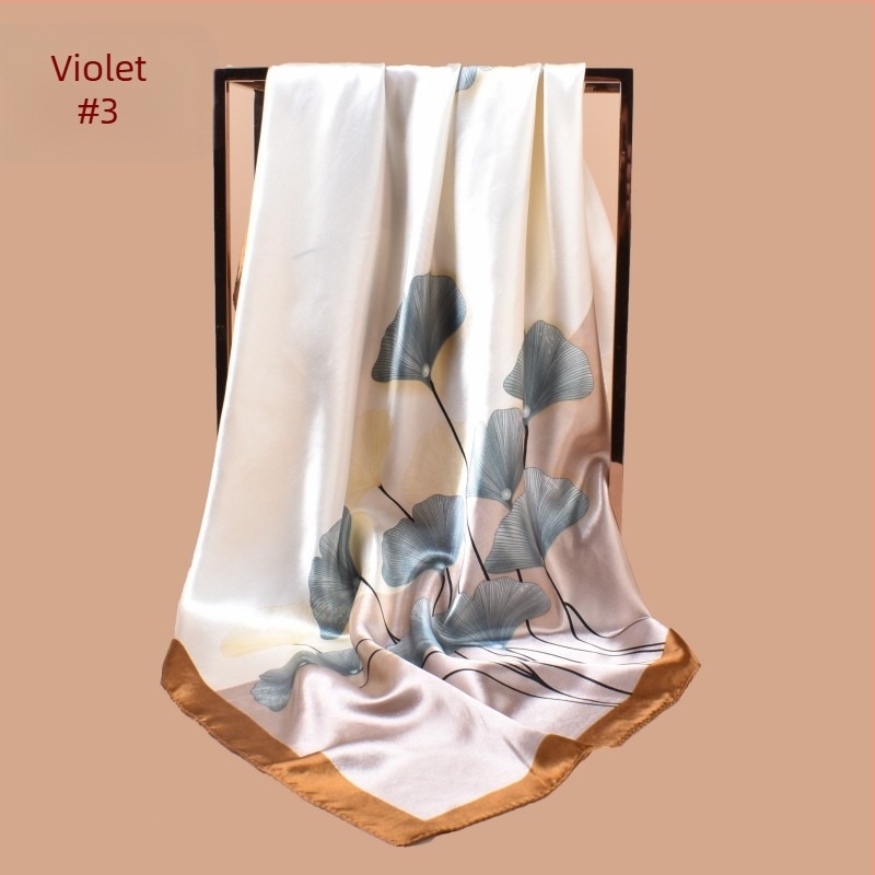 Șal pătrat de satin cu imprimeu de frunză de ginkgo, vară, pentru femei, imprimare