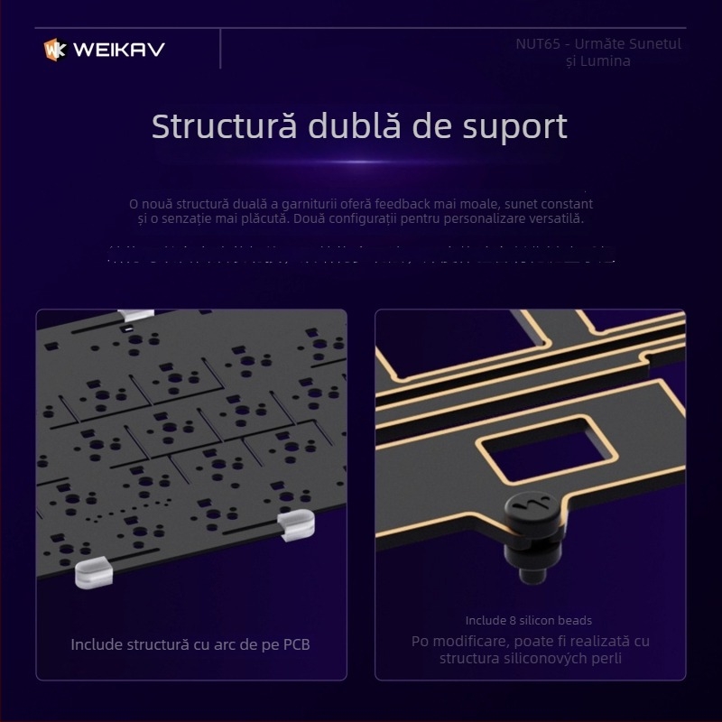 Weikav Nut65 Tastatură mecanică din aluminiu, structură gasket kit | Până la 87 taste, iluminare RGB, conectare prin cablu, cablu 1,5 m