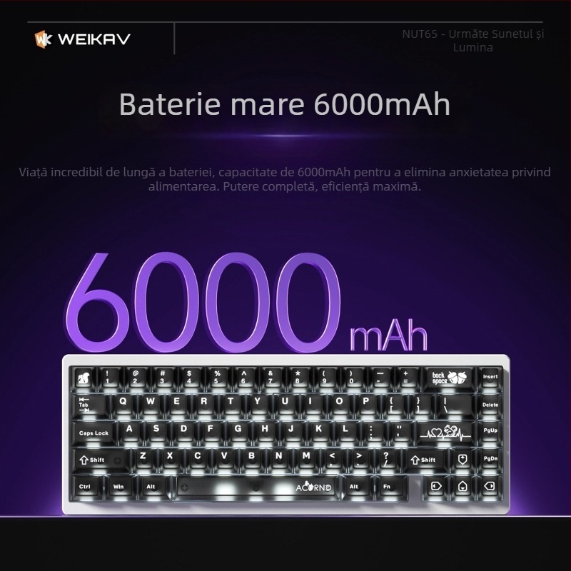 Weikav Nut65 Tastatură mecanică din aluminiu, structură gasket kit | Până la 87 taste, iluminare RGB, conectare prin cablu, cablu 1,5 m