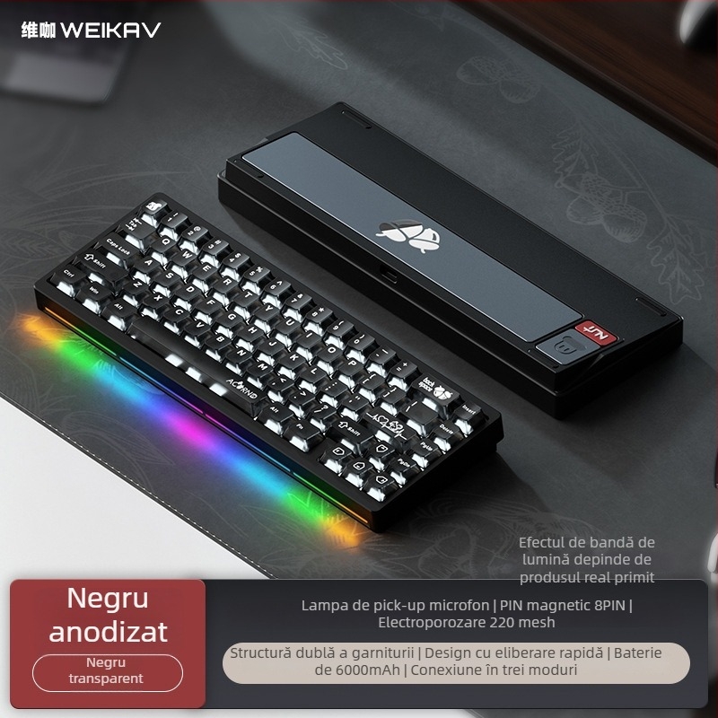 Weikav Nut65 Tastatură mecanică din aluminiu, structură gasket kit | Până la 87 taste, iluminare RGB, conectare prin cablu, cablu 1,5 m