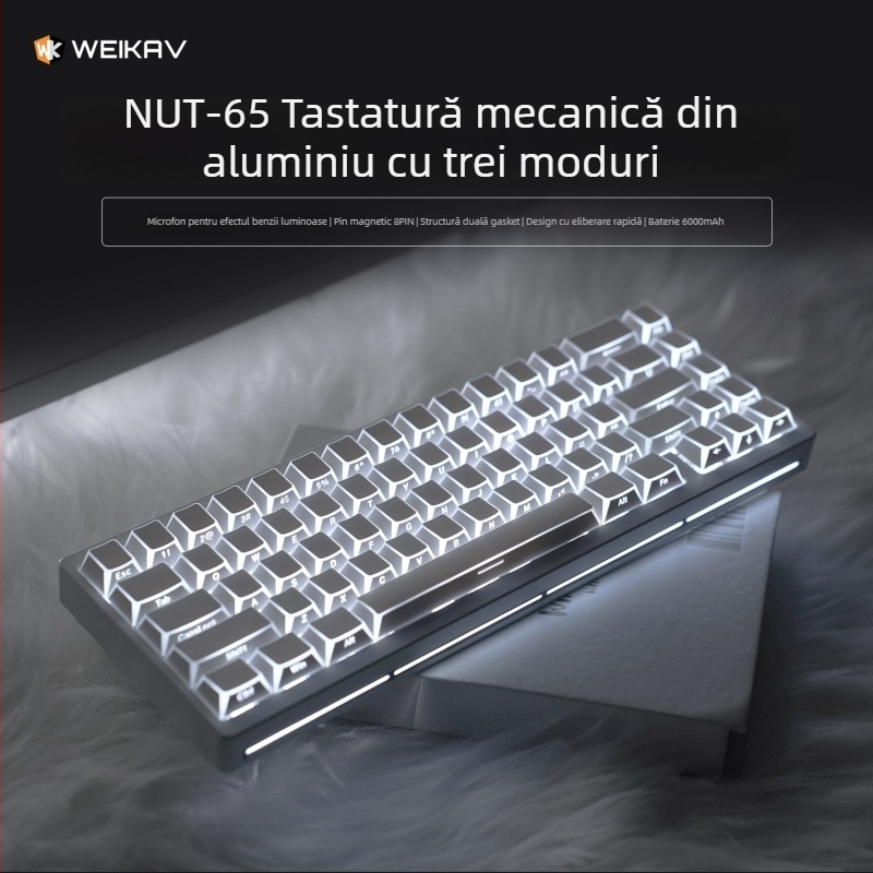 Weikav Nut65 Tastatură mecanică din aluminiu, structură gasket kit | Până la 87 taste, iluminare RGB, conectare prin cablu, cablu 1,5 m