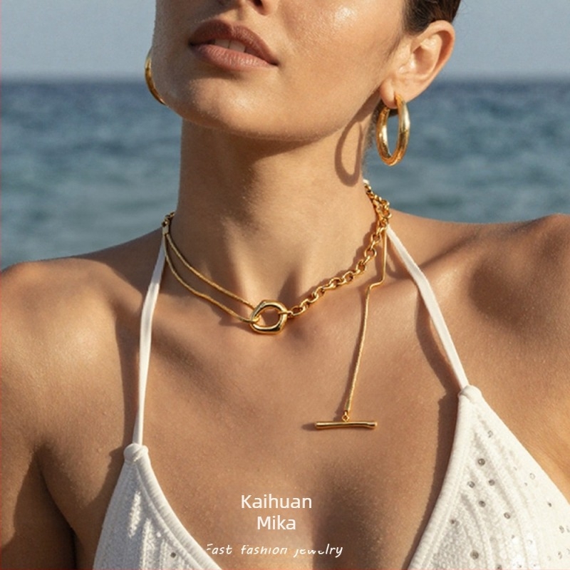 Șir lung reglabil din oțel inoxidabil cu cataramă OT, colier pentru pulover, cu încrustații placate cu aur, lanț cu biluțe, 81 cm+