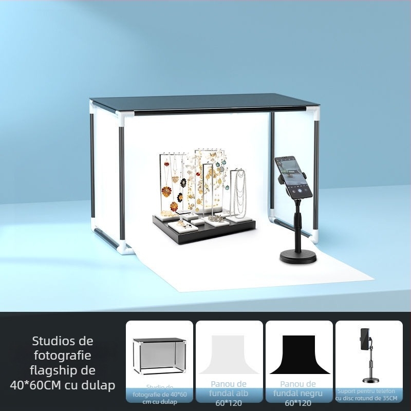 Lumină LED de umplere pentru fotografia bijuteriilor — studio foto portabil, 40W, trei temperaturi ale culorii, utilizare pe birou, iluminare moale fără umbre