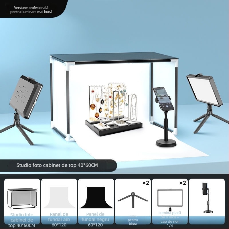 Lumină LED de umplere pentru fotografia bijuteriilor — studio foto portabil, 40W, trei temperaturi ale culorii, utilizare pe birou, iluminare moale fără umbre