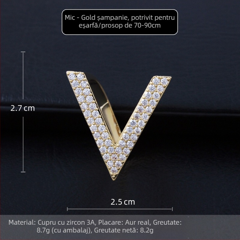 Cataramă din cupru pentru șal, în formă de V, cu zirconiu încastrat, accesoriu feminin minimalist, finisaj micropave