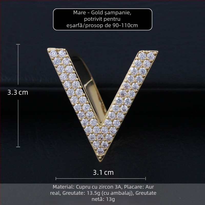 Cataramă din cupru pentru șal, în formă de V, cu zirconiu încastrat, accesoriu feminin minimalist, finisaj micropave
