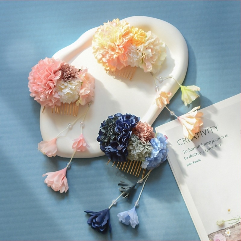 Accesoriu pentru păr, ornament floral din textil cu franjuri, stil japonez-coreean cu vânt, flori decorative, ambalat individual