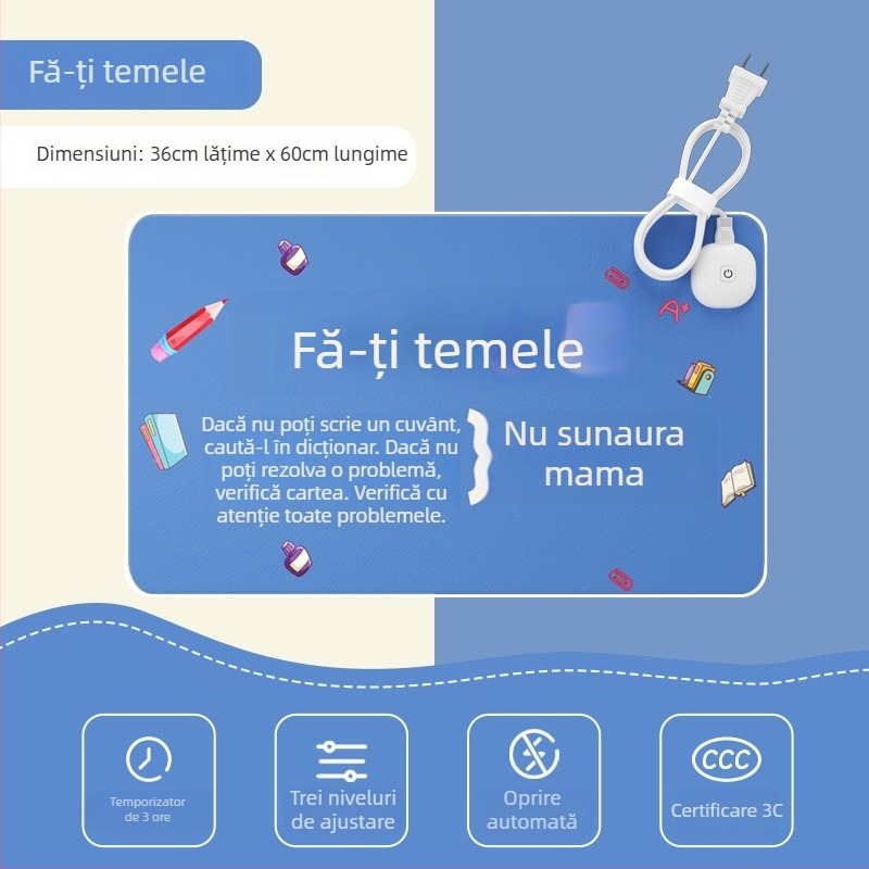 Tăbliță de birou încălzită, piele PU+PVC, pernă electrică de încălzire, pentru mâini calde, stil desen animat