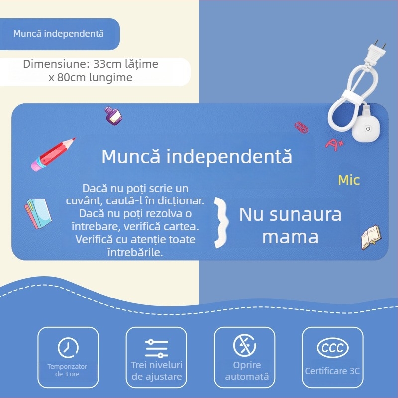 Tăbliță de birou încălzită, piele PU+PVC, pernă electrică de încălzire, pentru mâini calde, stil desen animat