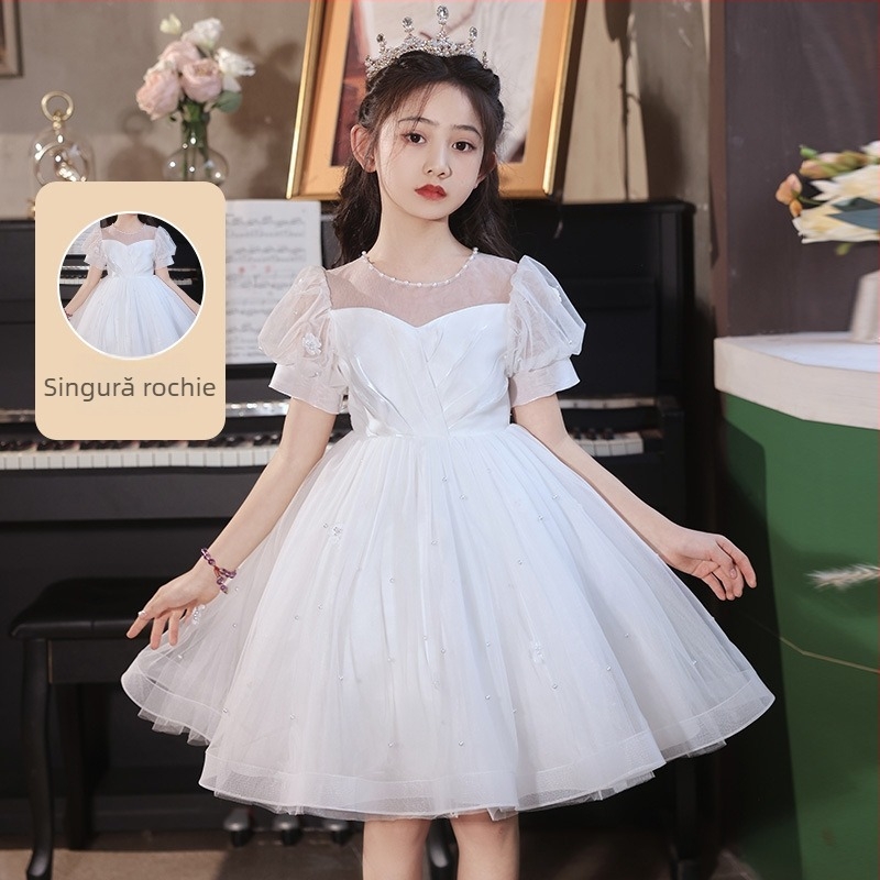 Rochie de vară pentru fete, stil prințesă, mâneci scurte; material amestec de bumbac; țesătură principală: 100% poliester; căptușeală: bumbac 61%; croi A-line
