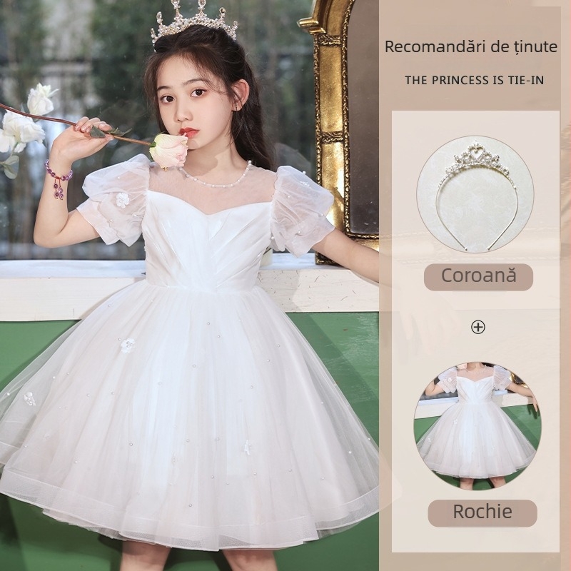 Rochie de vară pentru fete, stil prințesă, mâneci scurte; material amestec de bumbac; țesătură principală: 100% poliester; căptușeală: bumbac 61%; croi A-line