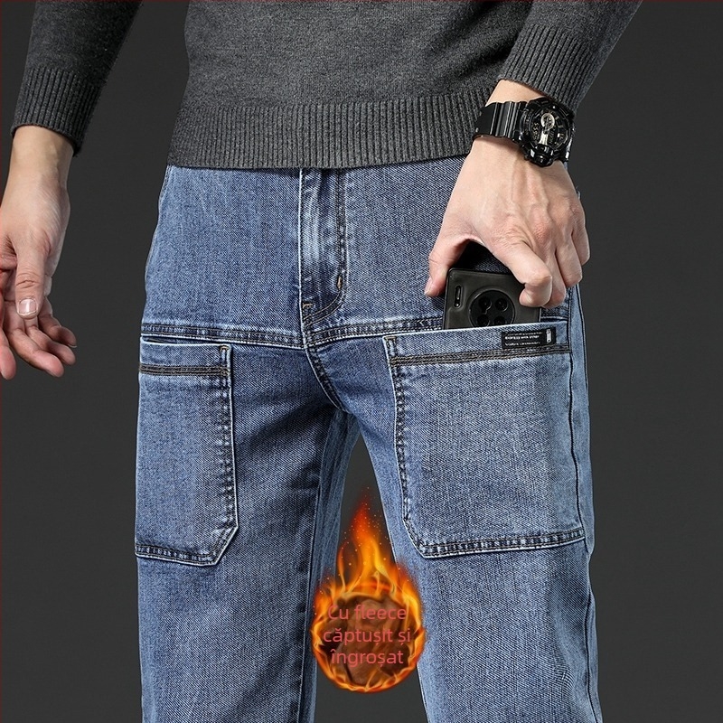 Jeans bărbați cu căptușeală fleece – elastici, croială dreaptă, talie medie, 6 buzunare, denim