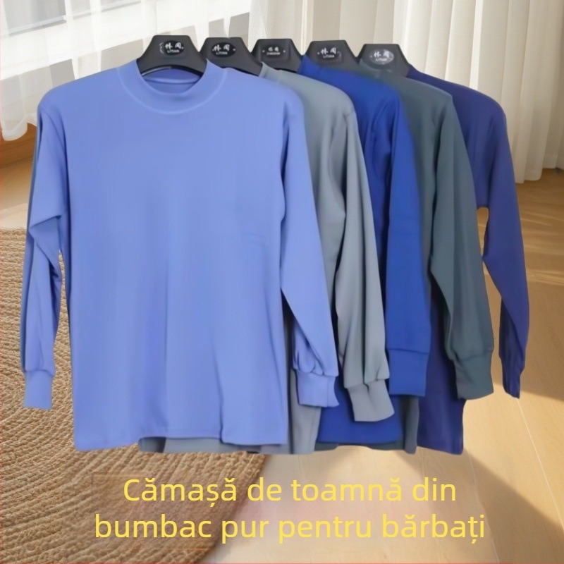 Pulover de toamnă pentru bărbați, 100% bumbac, guler semi-turtleneck, croială simplă, țesătură groasă