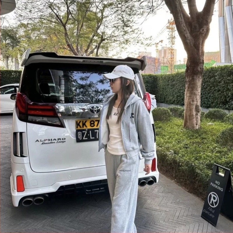 Cardigan de damă cu fermoar și glugă, imprimeu cu litere coreene, stil minimalist, croi Slim, bumbac 80–90%, lungime normală 50–65 cm