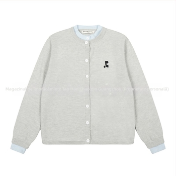 Cardigan tricotat cu aspect stratificat, efect faux two-piece, bumbac și viscose, broderie 3D, croi lejer, guler dublu.