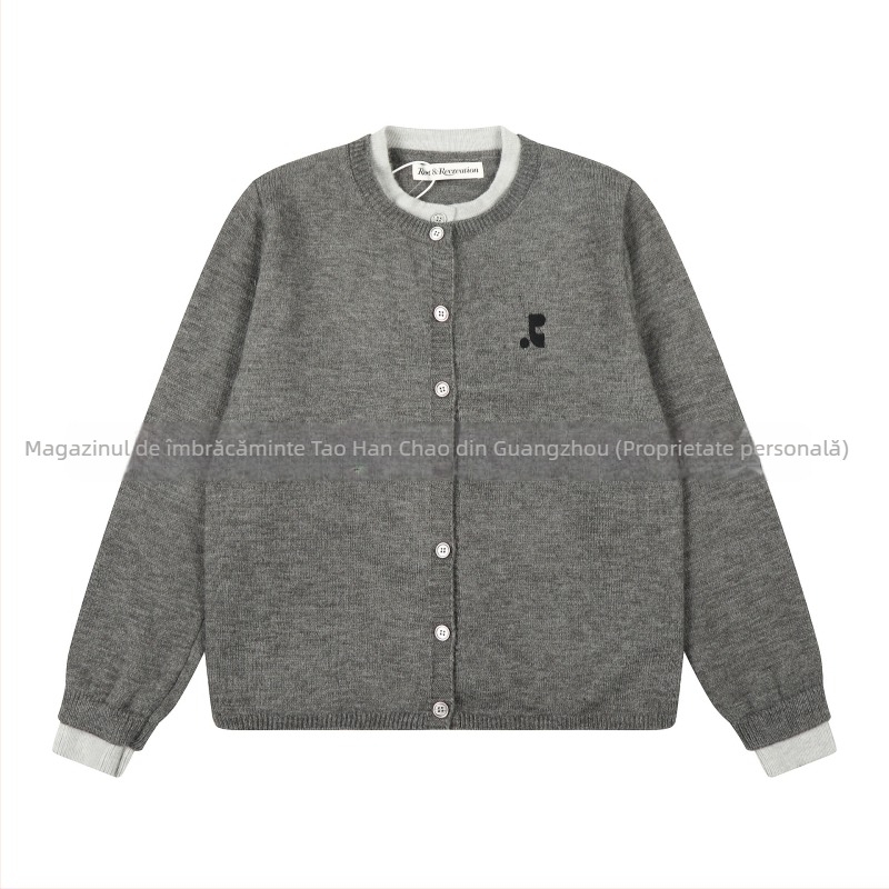 Cardigan tricotat cu aspect stratificat, efect faux two-piece, bumbac și viscose, broderie 3D, croi lejer, guler dublu.