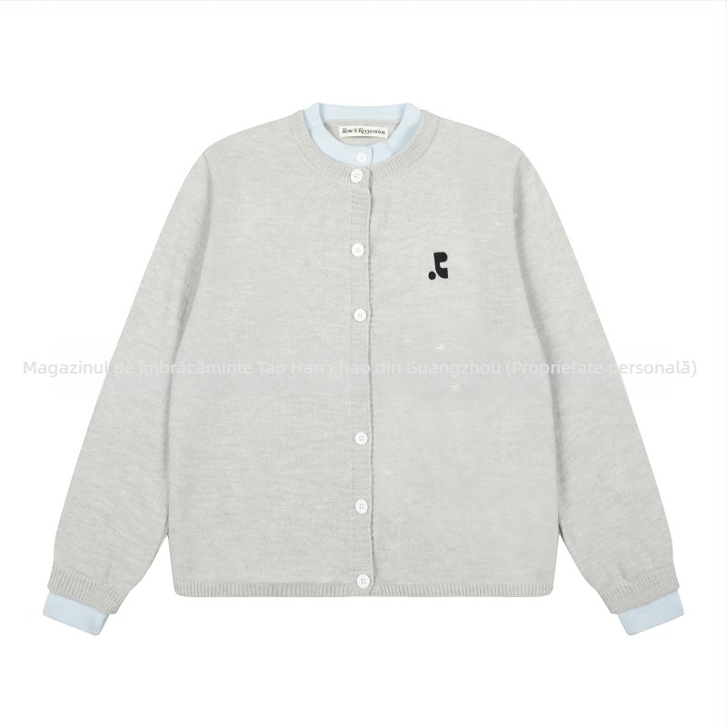 Cardigan tricotat cu aspect stratificat, efect faux two-piece, bumbac și viscose, broderie 3D, croi lejer, guler dublu.