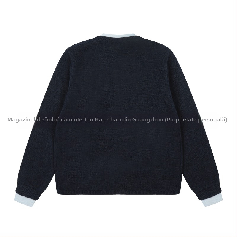 Cardigan tricotat cu aspect stratificat, efect faux two-piece, bumbac și viscose, broderie 3D, croi lejer, guler dublu.