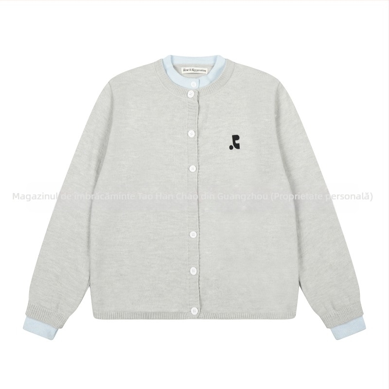 Cardigan tricotat cu aspect stratificat, efect faux two-piece, bumbac și viscose, broderie 3D, croi lejer, guler dublu.