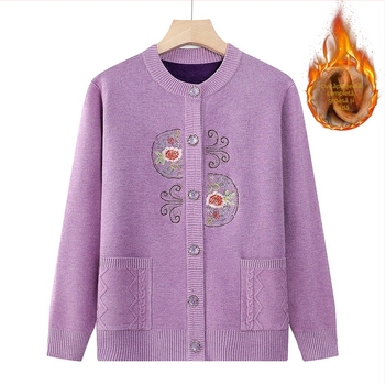 Cardigan tricotat, căptușit cu fleece pentru vârstnici, casual de toamnă–iarna, amestec poliester (30–50%), imprimeu