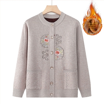 Cardigan tricotat, căptușit cu fleece pentru vârstnici, casual de toamnă–iarna, amestec poliester (30–50%), imprimeu
