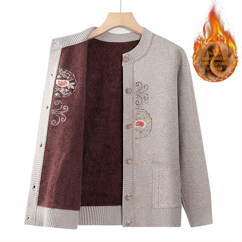 Cardigan tricotat, căptușit cu fleece pentru vârstnici, casual de toamnă–iarna, amestec poliester (30–50%), imprimeu
