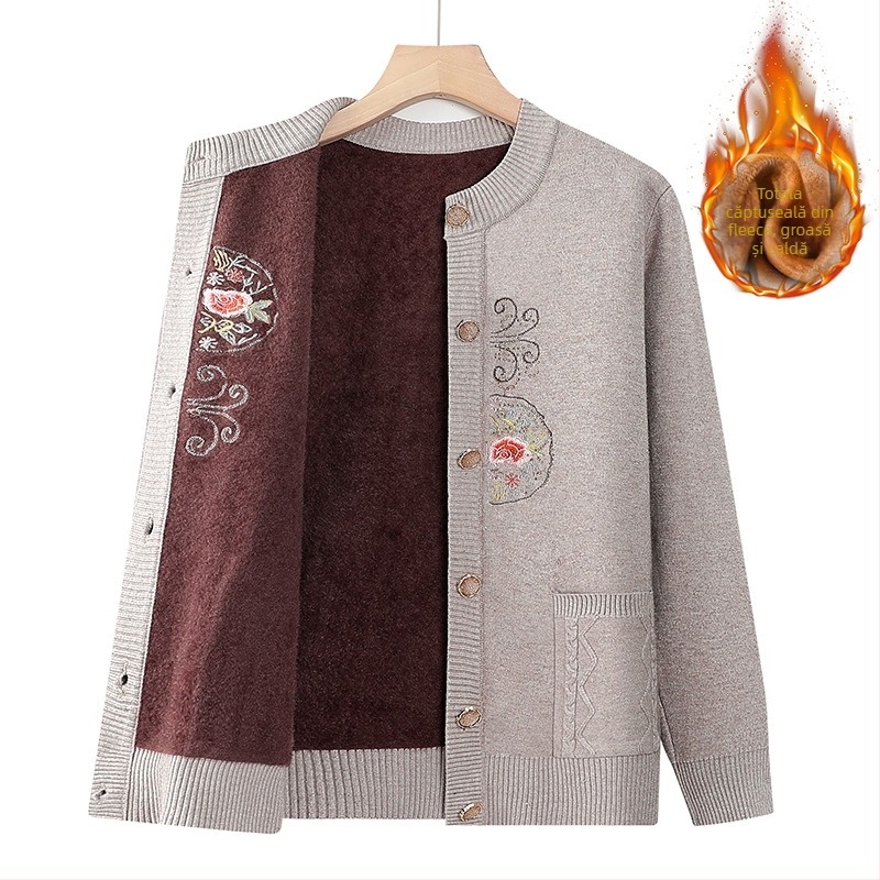 Cardigan tricotat, căptușit cu fleece pentru vârstnici, casual de toamnă–iarna, amestec poliester (30–50%), imprimeu