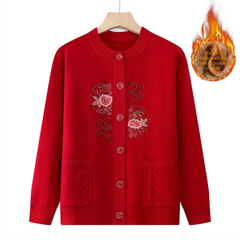 Cardigan tricotat, căptușit cu fleece pentru vârstnici, casual de toamnă–iarna, amestec poliester (30–50%), imprimeu