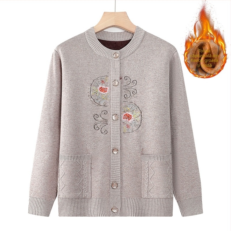 Cardigan tricotat, căptușit cu fleece pentru vârstnici, casual de toamnă–iarna, amestec poliester (30–50%), imprimeu