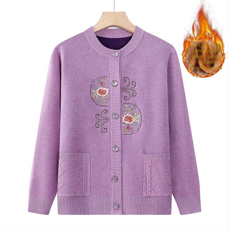 Cardigan tricotat, căptușit cu fleece pentru vârstnici, casual de toamnă–iarna, amestec poliester (30–50%), imprimeu