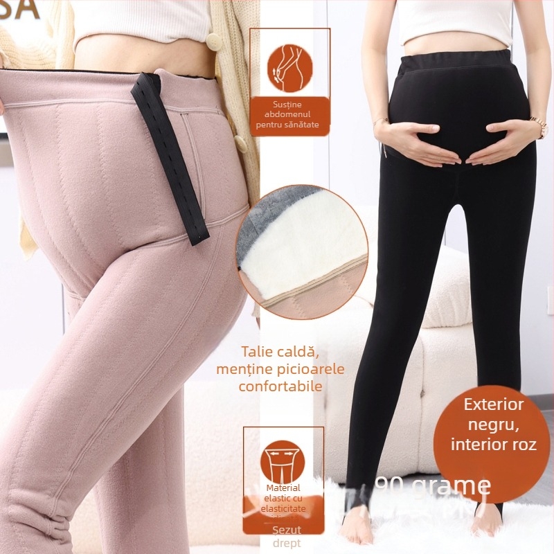 Colanți de maternitate cu căptușeală de fleece, groși, din amestec de lână, susținere abdominală
