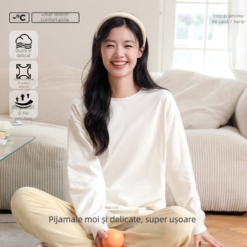 Set de pijamale feminin, top cu mânecă lungă și pantaloni, pentru toamnă-iarnă, poliester 90–95%, greutate țesătură 121–140 g/m2, guler rotund, pentru uz casnic