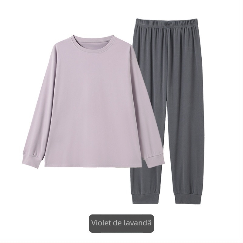 Set de pijamale feminin, top cu mânecă lungă și pantaloni, pentru toamnă-iarnă, poliester 90–95%, greutate țesătură 121–140 g/m2, guler rotund, pentru uz casnic