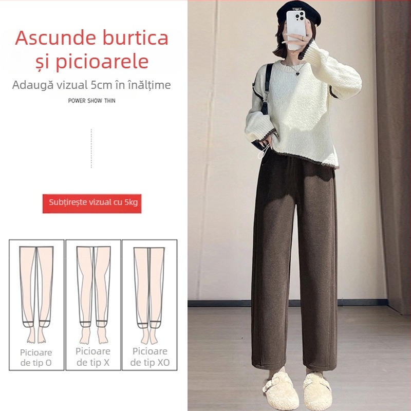 Pantaloni de maternitate cu fleece din lână, croială dreaptă, talie înaltă, lungime 9/10, toamnă–iarna