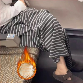 Pantaloni de maternitate, cu dungi, croială lejeră, talie înaltă (Poliester ≥95%, grosime medie, păstrează căldura)