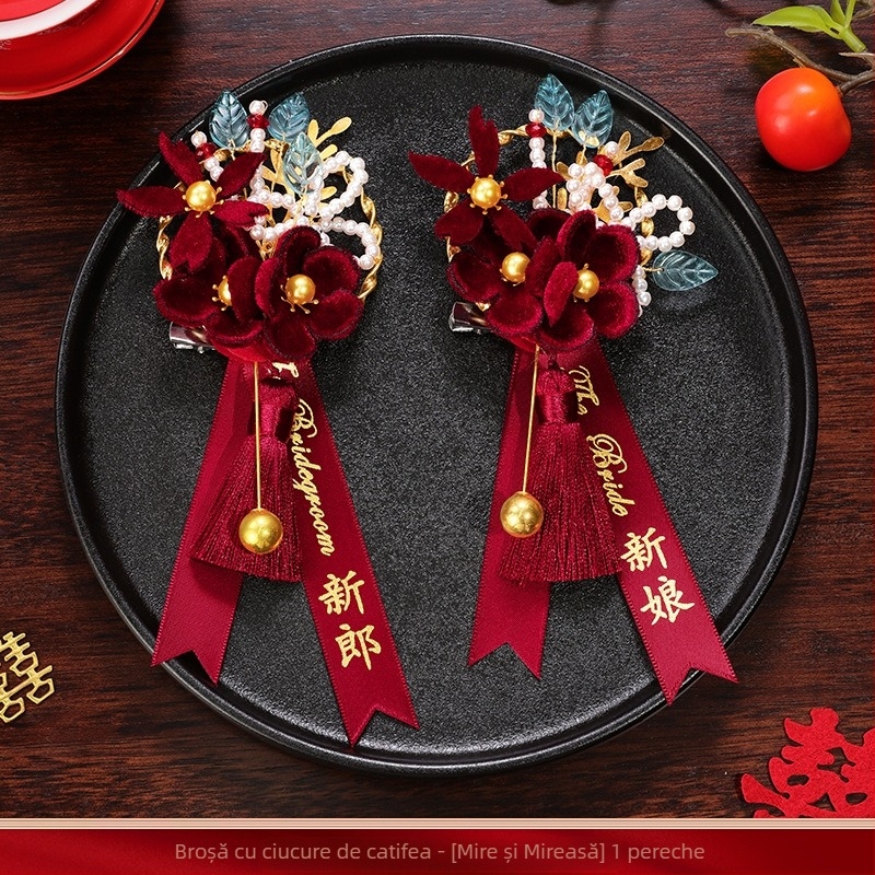 Set butoniere de nuntă pentru mire și mireasă cu flori de mătase – set complet, stil chinezesc, marcă Romantic Celebration